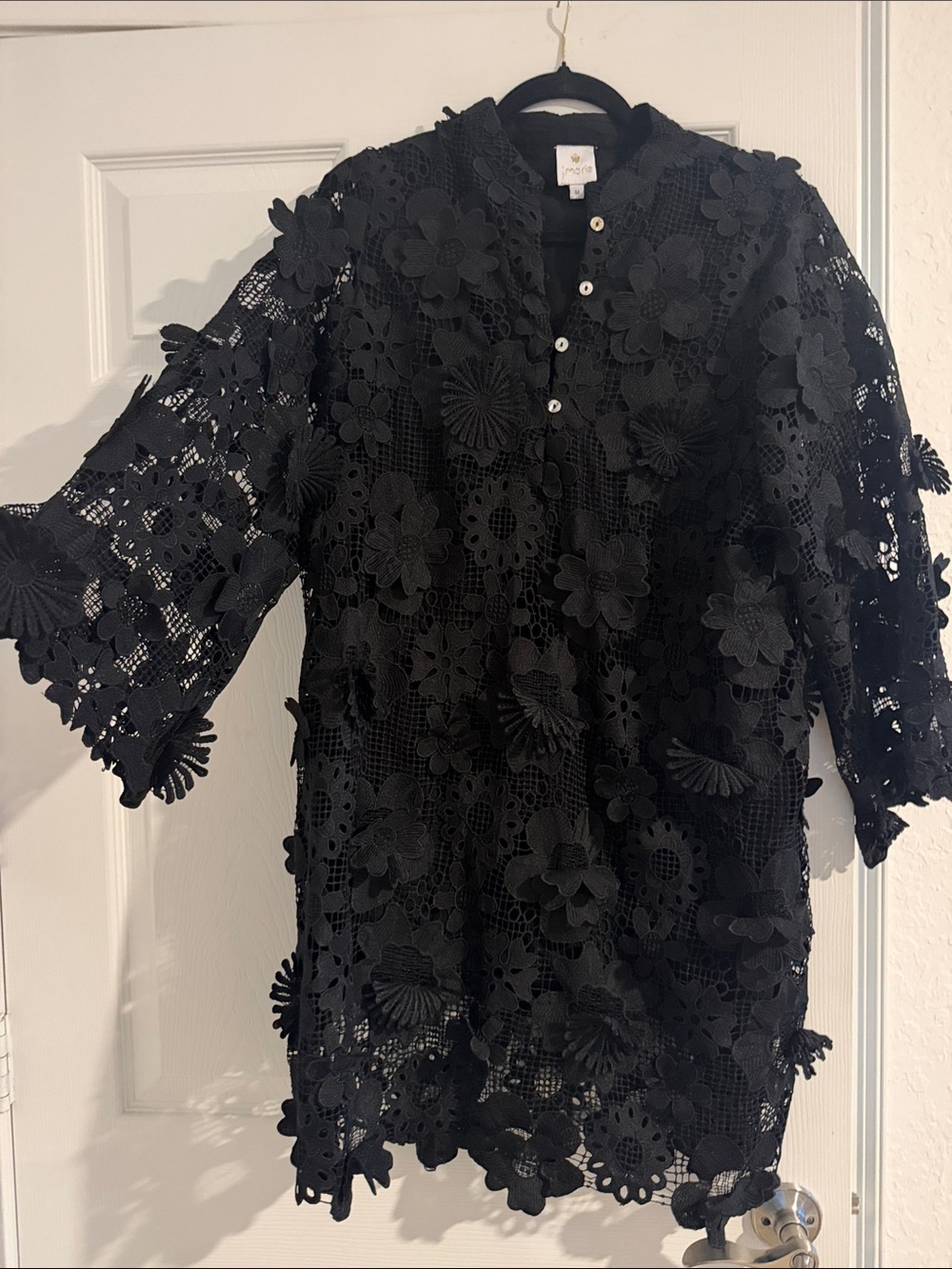 Black Floral Appliqué Lace Tunic Dress - Women's